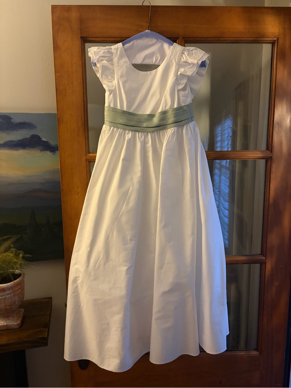 Azazie Ivory Flower Girl Dress with Sage Green Sash